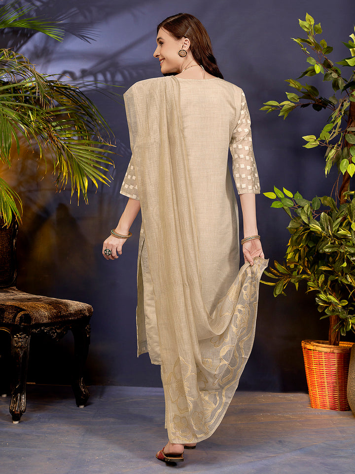 Beige Embroidered Linen Blend Kurta With Pant &amp; Dupatta