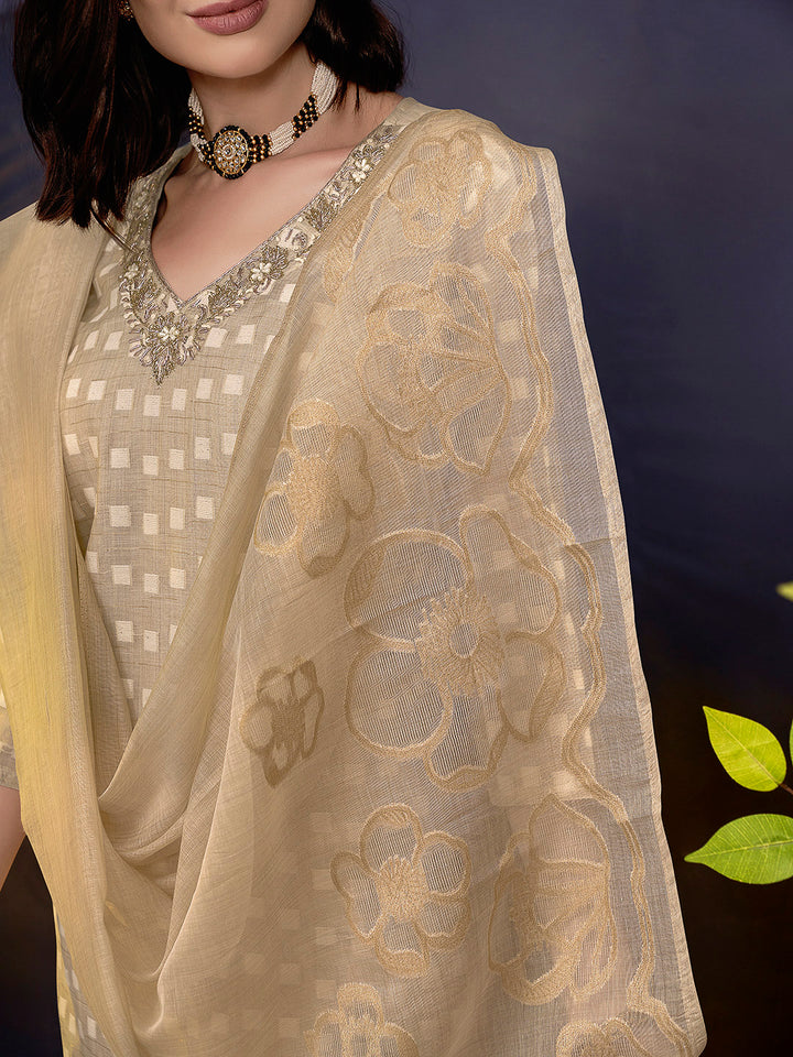 Beige Embroidered Linen Blend Kurta With Pant &amp; Dupatta
