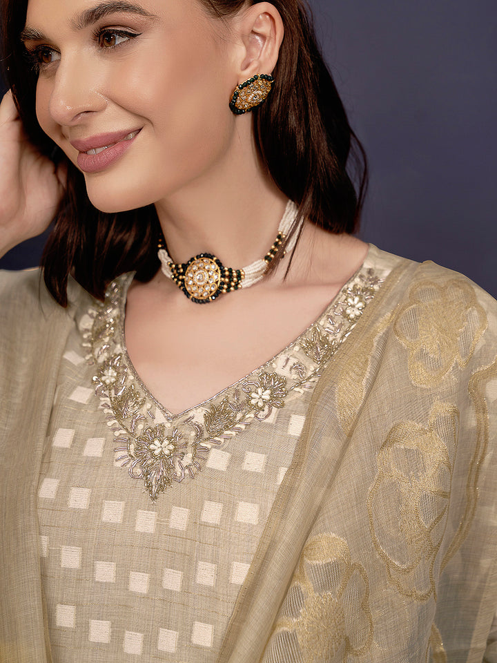 Beige Embroidered Linen Blend Kurta With Pant &amp; Dupatta