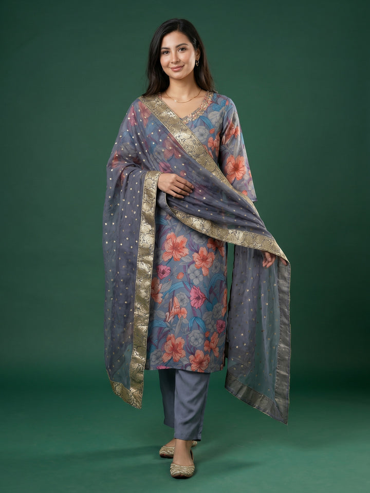 Grey Embroidered Art Silk Round Neck Suit Set