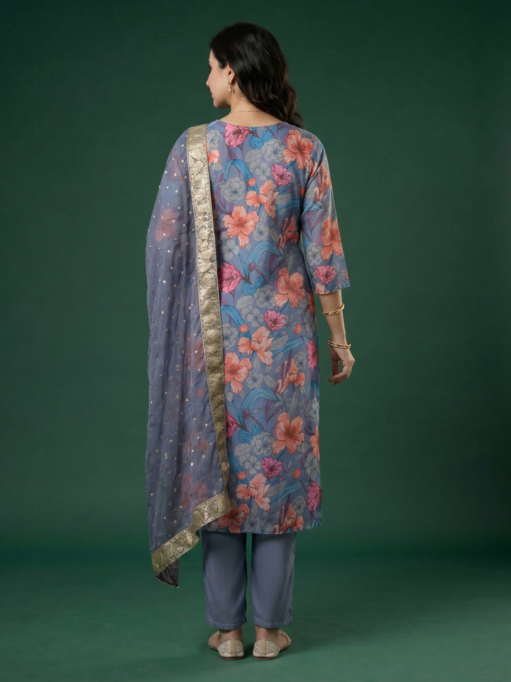 Grey Embroidered Art Silk Round Neck Suit Set