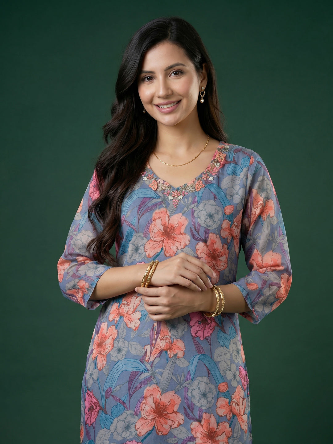 Grey Embroidered Art Silk Round Neck Suit Set