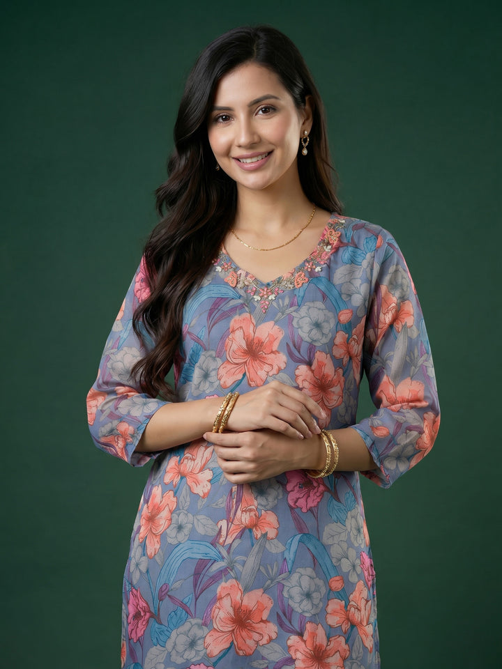 Grey Embroidered Art Silk Round Neck Suit Set
