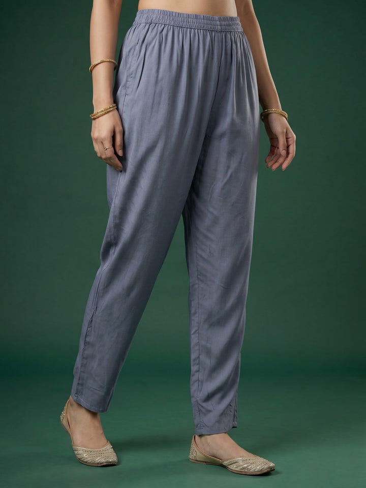 Grey Embroidered Art Silk Round Neck Suit Set