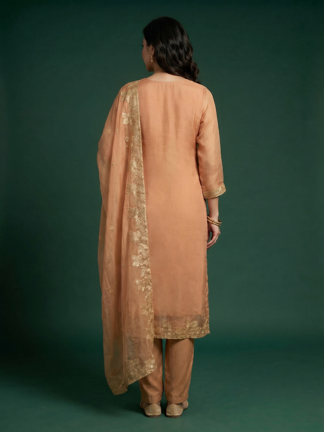 Brown Embroidered Chanderi Round Neck Suit Set