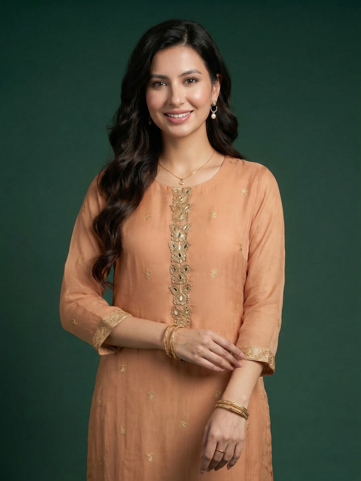 Brown Embroidered Chanderi Round Neck Suit Set