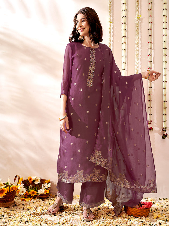 Purple Embroidered Organza Kurta With Pant &amp; Dupatta