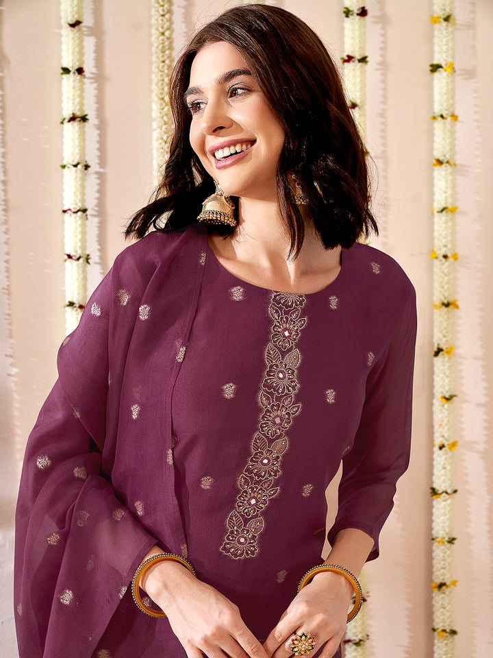 Purple Embroidered Organza Kurta With Pant &amp; Dupatta