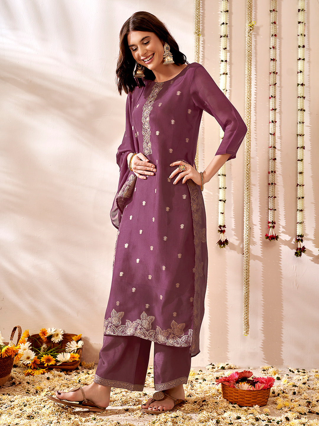 Purple Embroidered Organza Kurta With Pant &amp; Dupatta
