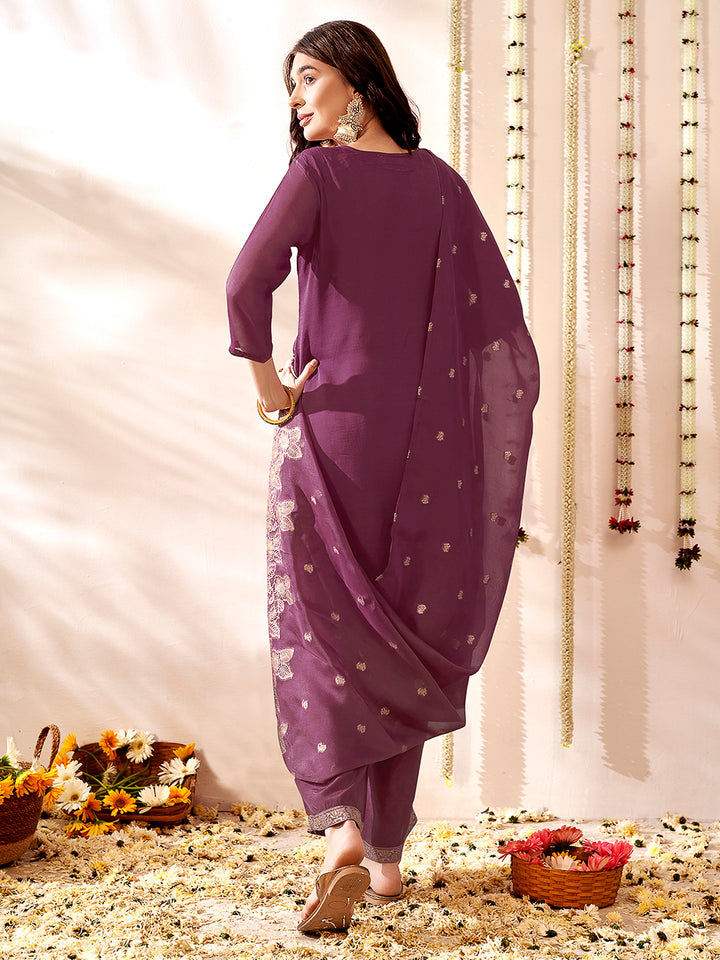 Purple Embroidered Organza Kurta With Pant &amp; Dupatta