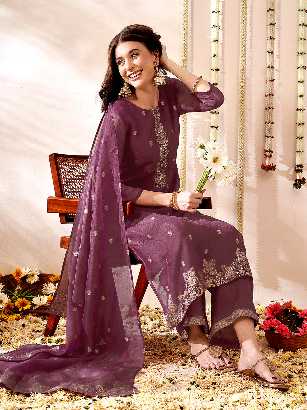Purple Embroidered Organza Kurta With Pant &amp; Dupatta
