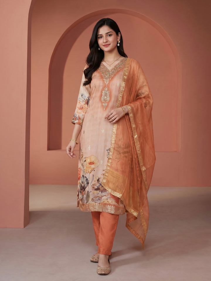Rust Embroidered Chanderi V Neck Suit Set