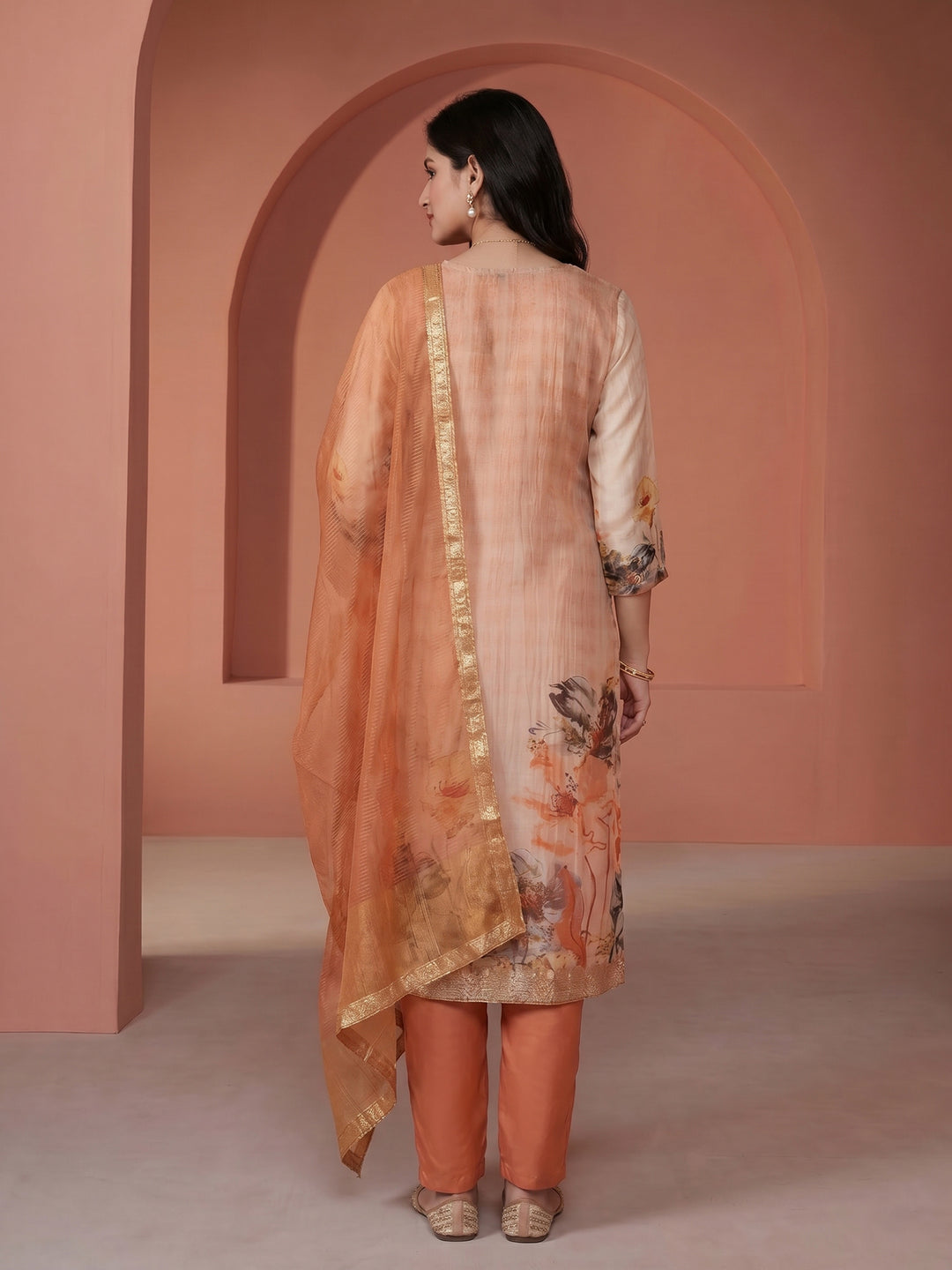 Rust Embroidered Chanderi V Neck Suit Set