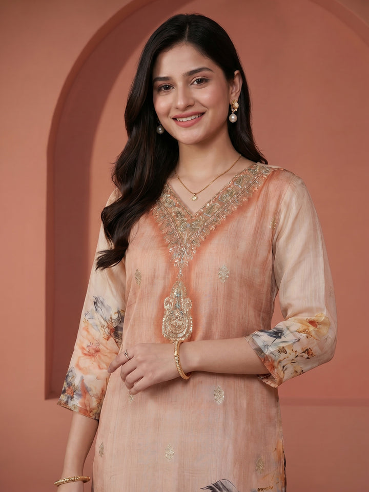 Rust Embroidered Chanderi V Neck Suit Set