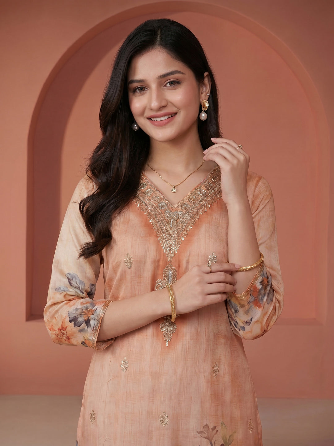Rust Embroidered Chanderi V Neck Suit Set