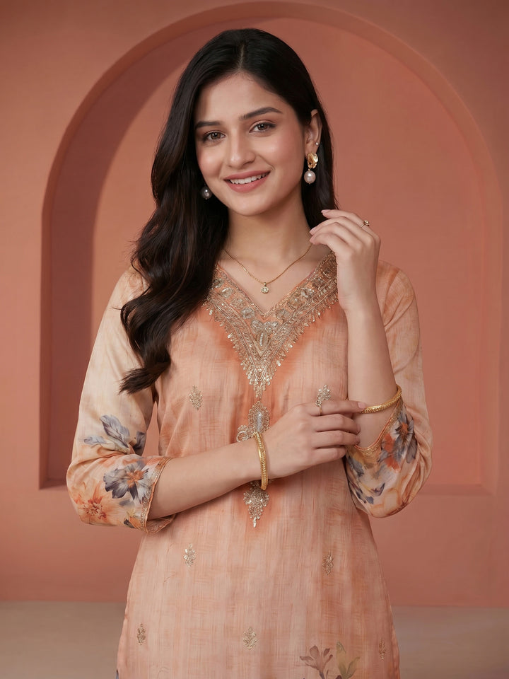 Rust Embroidered Chanderi V Neck Suit Set