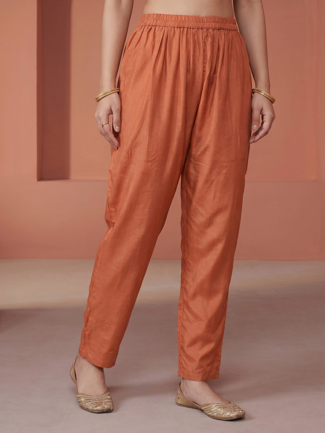 Rust Embroidered Chanderi V Neck Suit Set