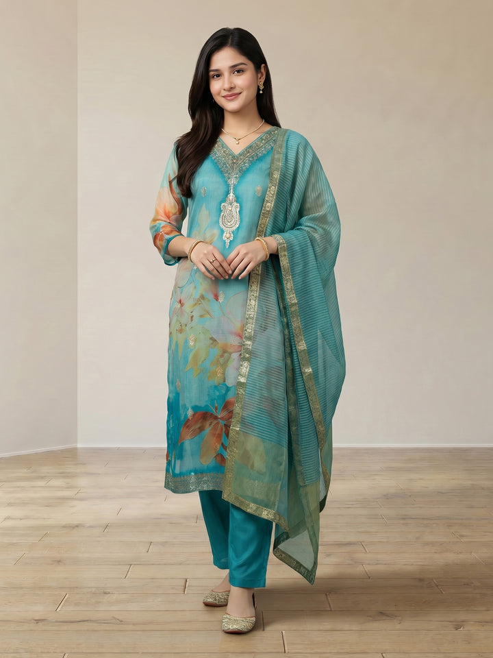 Sky Blue Embroidered Chanderi V Neck Suit Set