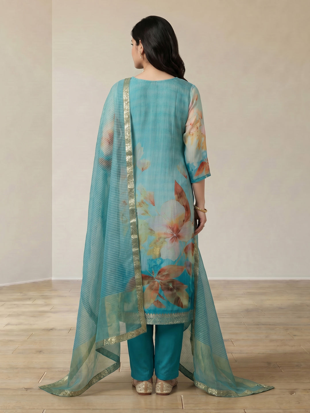 Sky Blue Embroidered Chanderi V Neck Suit Set