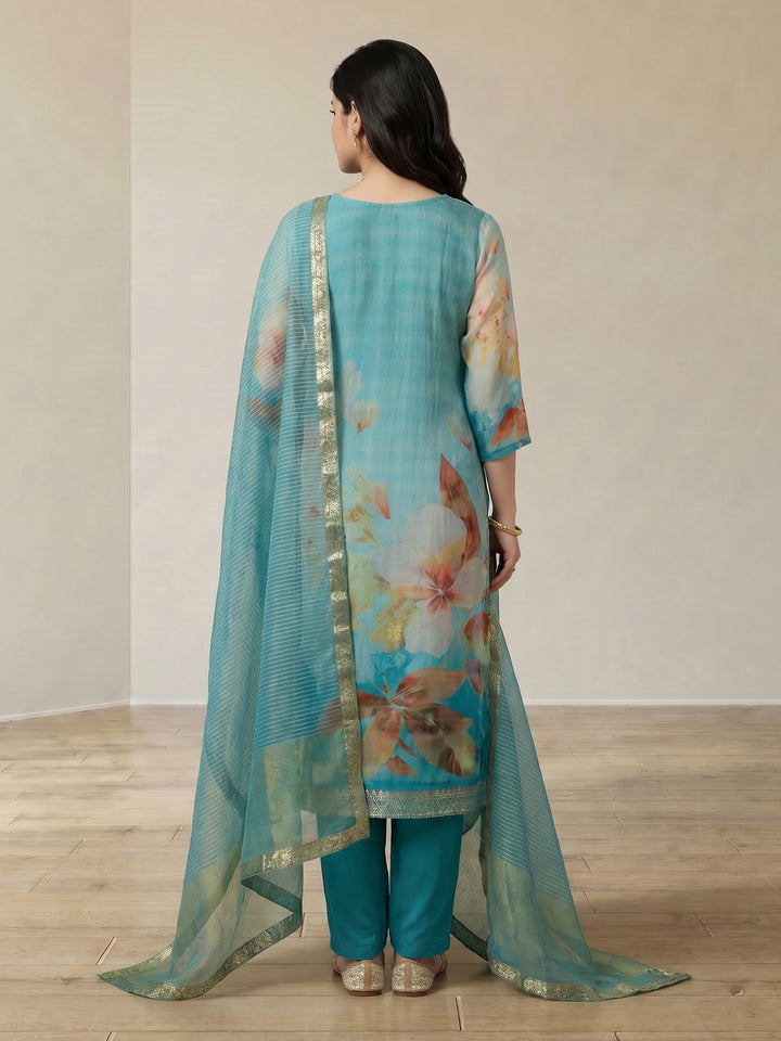 Sky Blue Embroidered Chanderi V Neck Suit Set