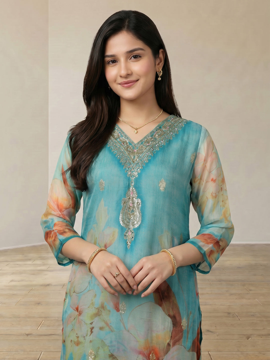 Sky Blue Embroidered Chanderi V Neck Suit Set