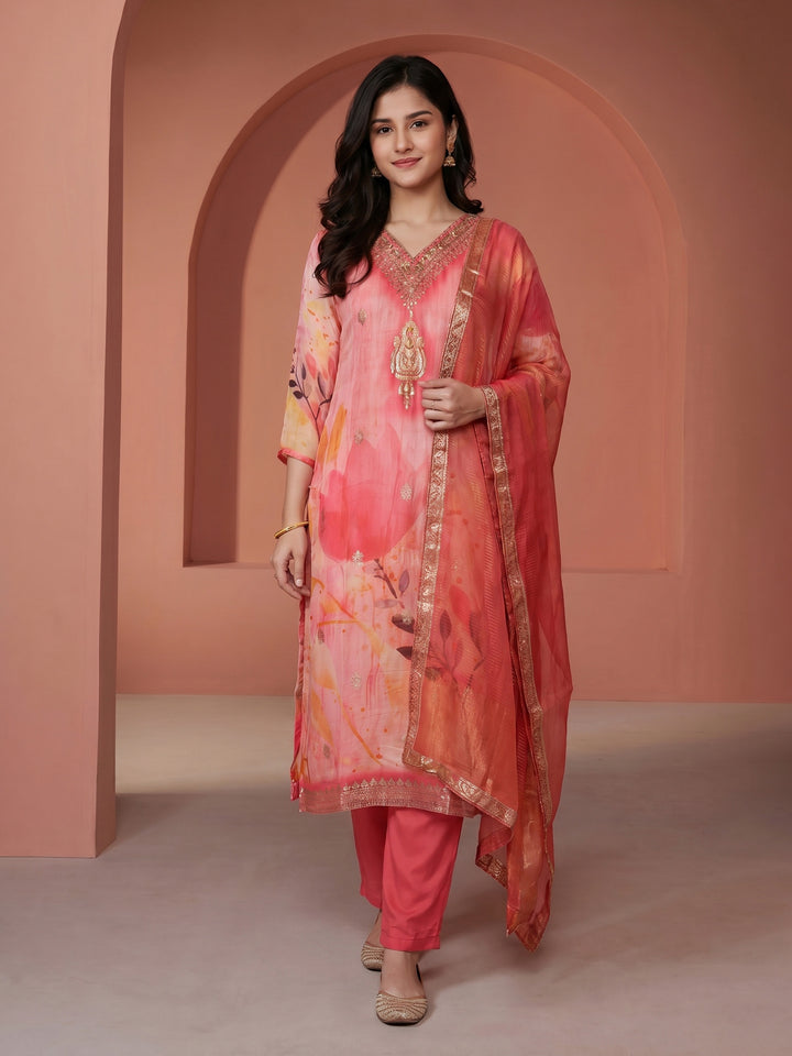 Pink Embroidered Chanderi V Neck Suit Set