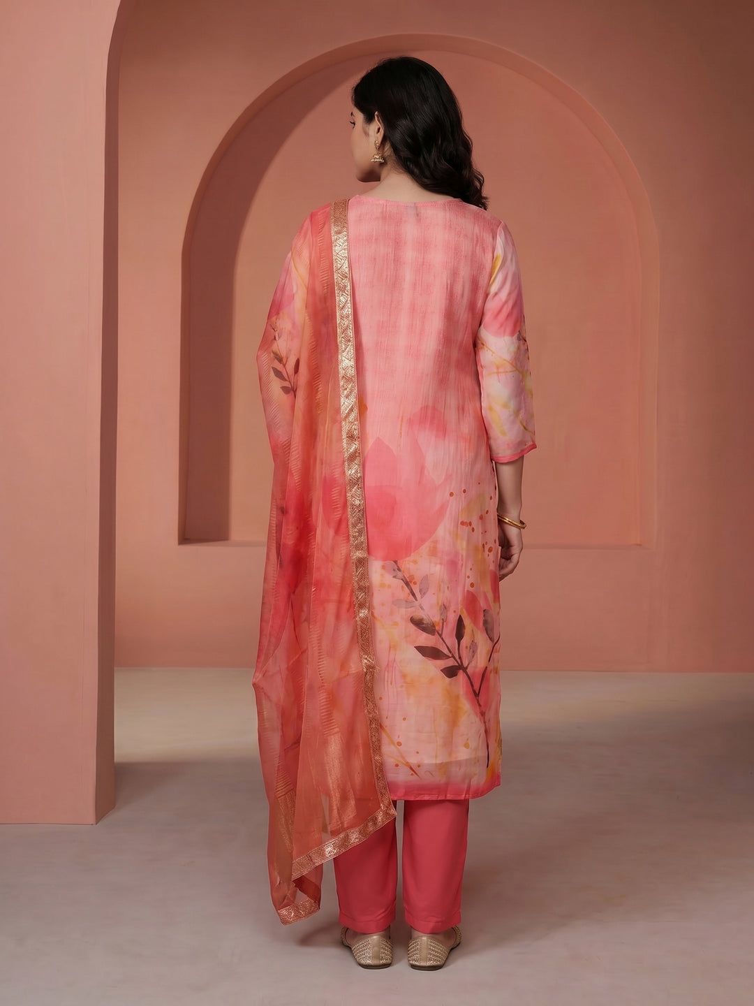 Pink Embroidered Chanderi V Neck Suit Set