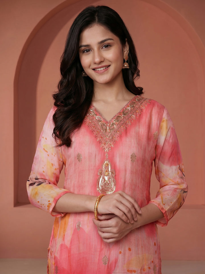 Pink Embroidered Chanderi V Neck Suit Set
