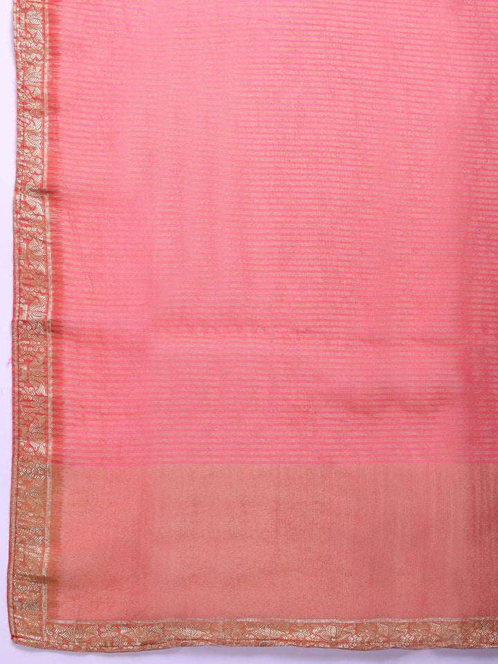 Pink Embroidered Chanderi V Neck Suit Set