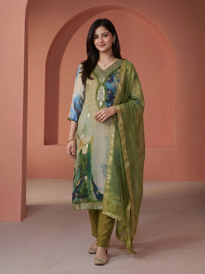 Mehndi Embroidered Chanderi V Neck Suit Set