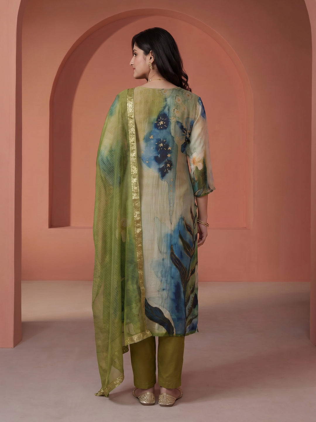 Mehndi Embroidered Chanderi V Neck Suit Set