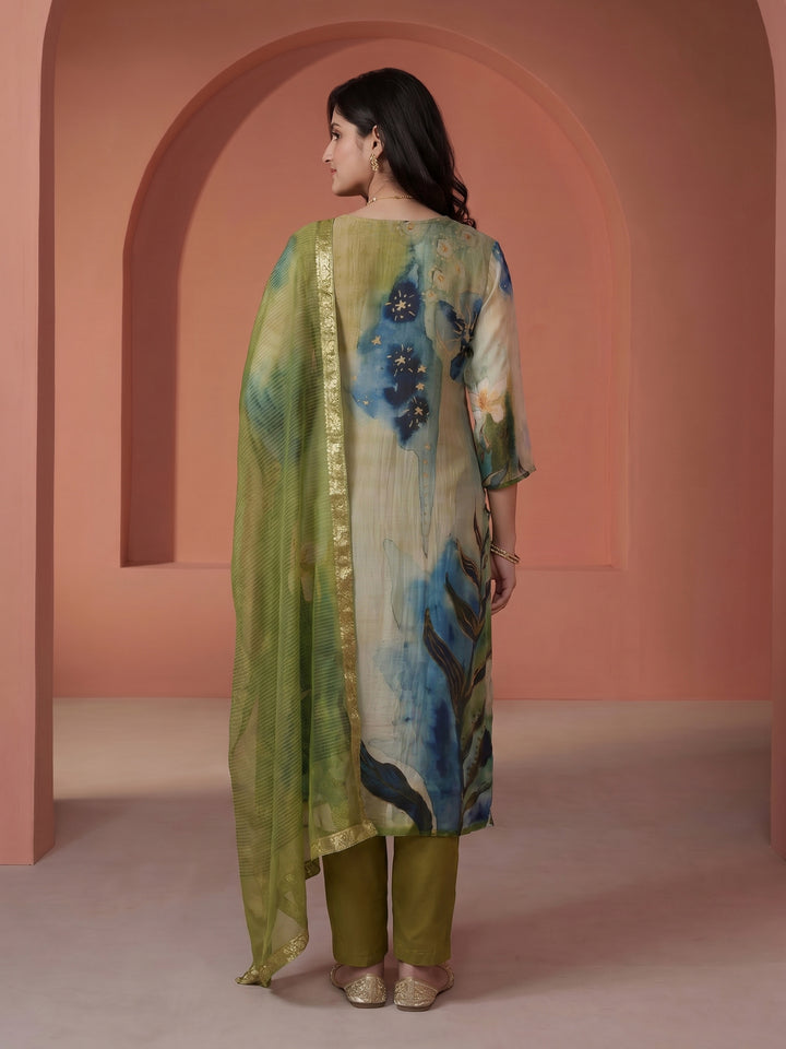 Mehndi Embroidered Chanderi V Neck Suit Set