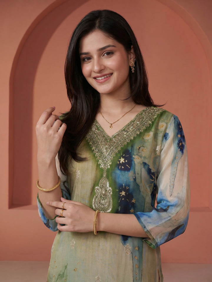 Mehndi Embroidered Chanderi V Neck Suit Set