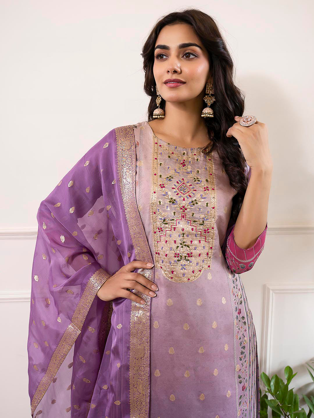 Purple Embroidered Organza Kurta With Pant &amp; Dupatta