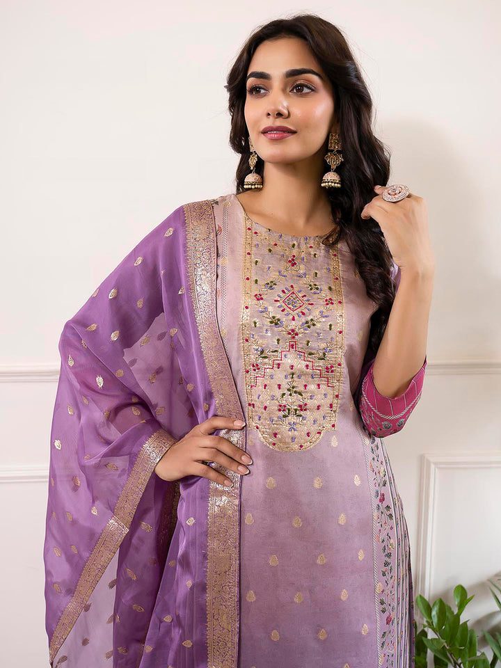 Purple Embroidered Organza Kurta With Pant &amp; Dupatta