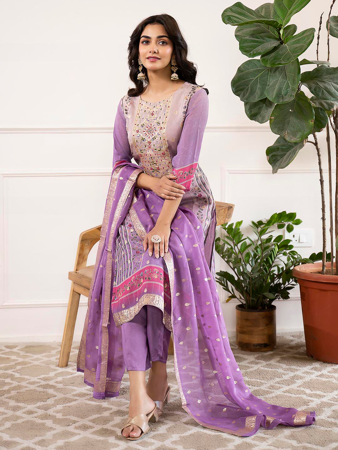 Purple Embroidered Organza Kurta With Pant &amp; Dupatta