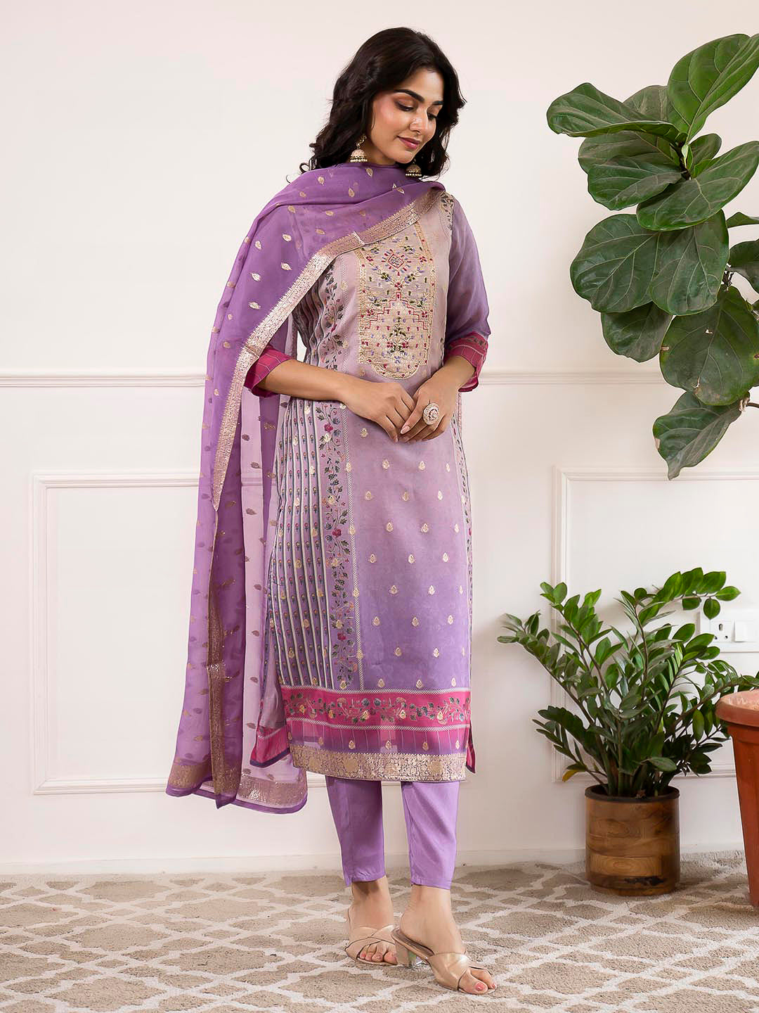 Purple Embroidered Organza Kurta With Pant &amp; Dupatta