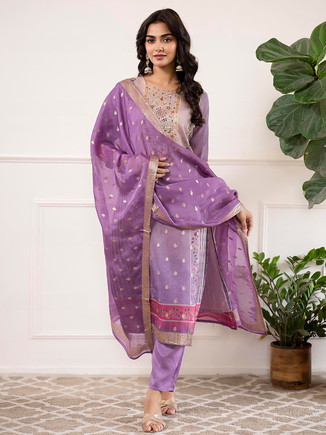 Purple Embroidered Organza Kurta With Pant &amp; Dupatta