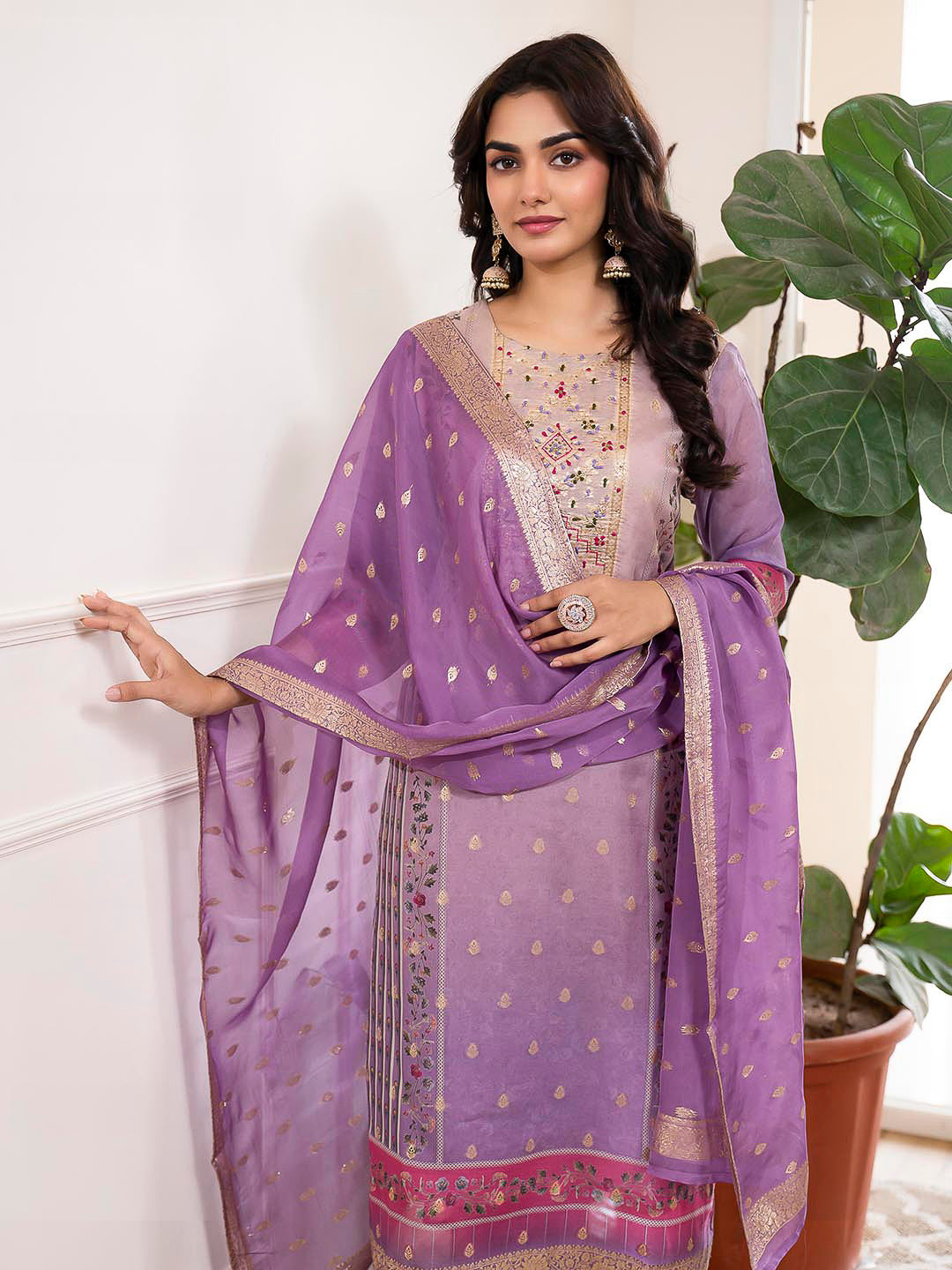 Purple Embroidered Organza Kurta With Pant &amp; Dupatta