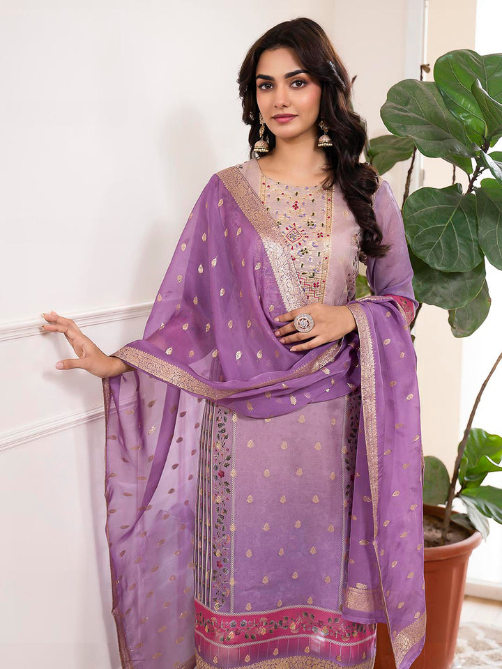 Purple Embroidered Organza Kurta With Pant &amp; Dupatta