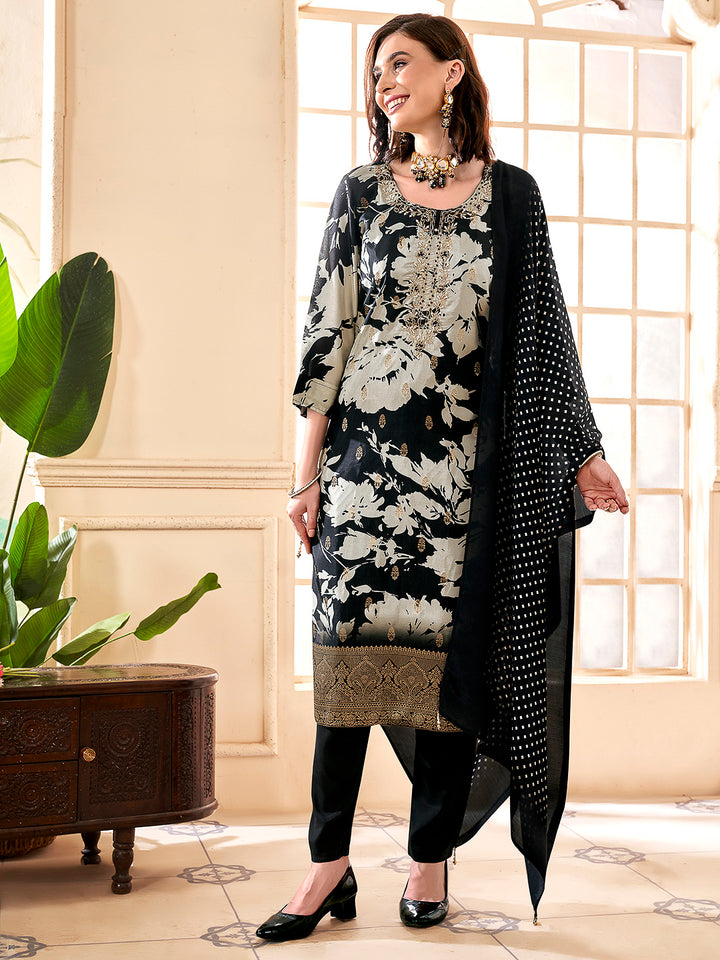 Black Embroidered Art Silk Kurta With Pant &amp; Dupatta