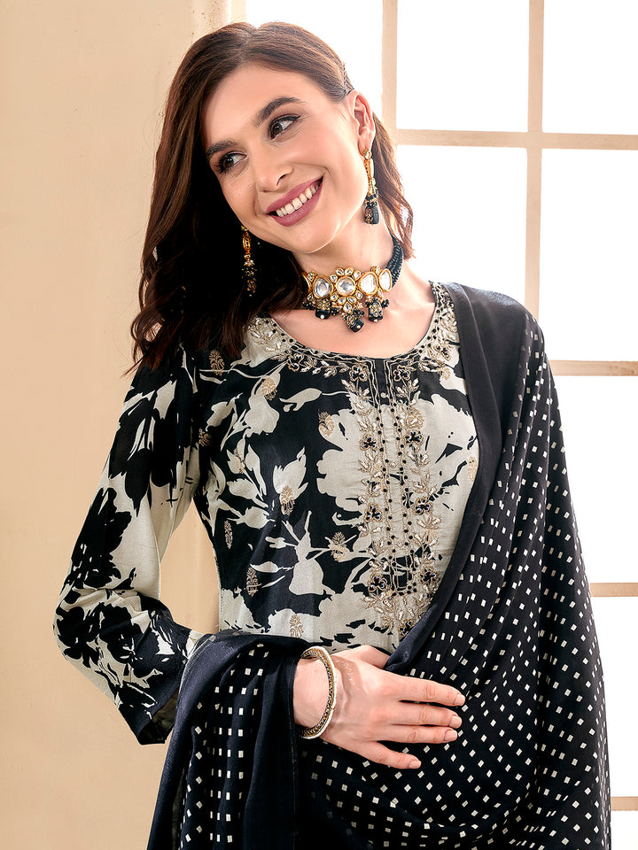 Black Embroidered Art Silk Kurta With Pant &amp; Dupatta