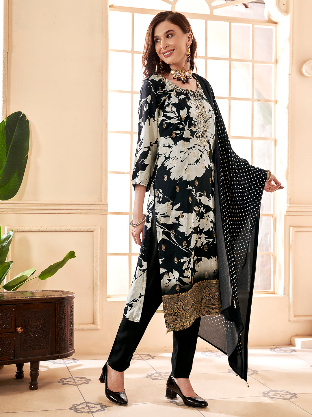 Black Embroidered Art Silk Kurta With Pant &amp; Dupatta