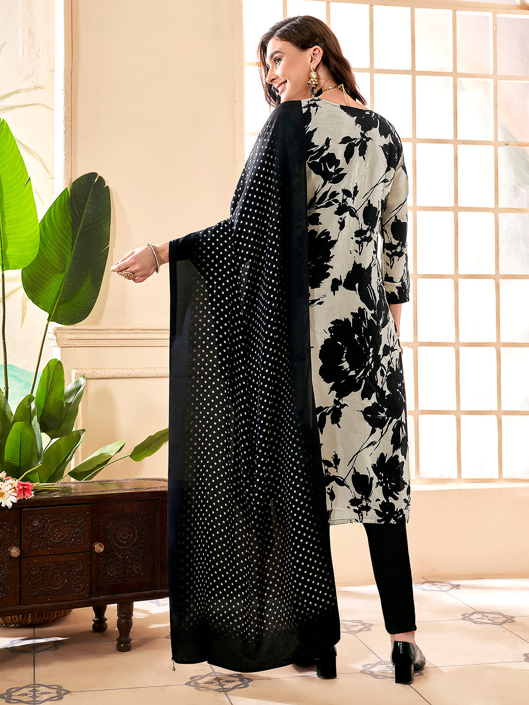Black Embroidered Art Silk Kurta With Pant &amp; Dupatta