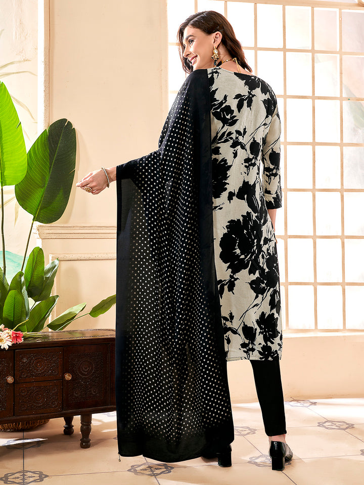 Black Embroidered Art Silk Kurta With Pant &amp; Dupatta