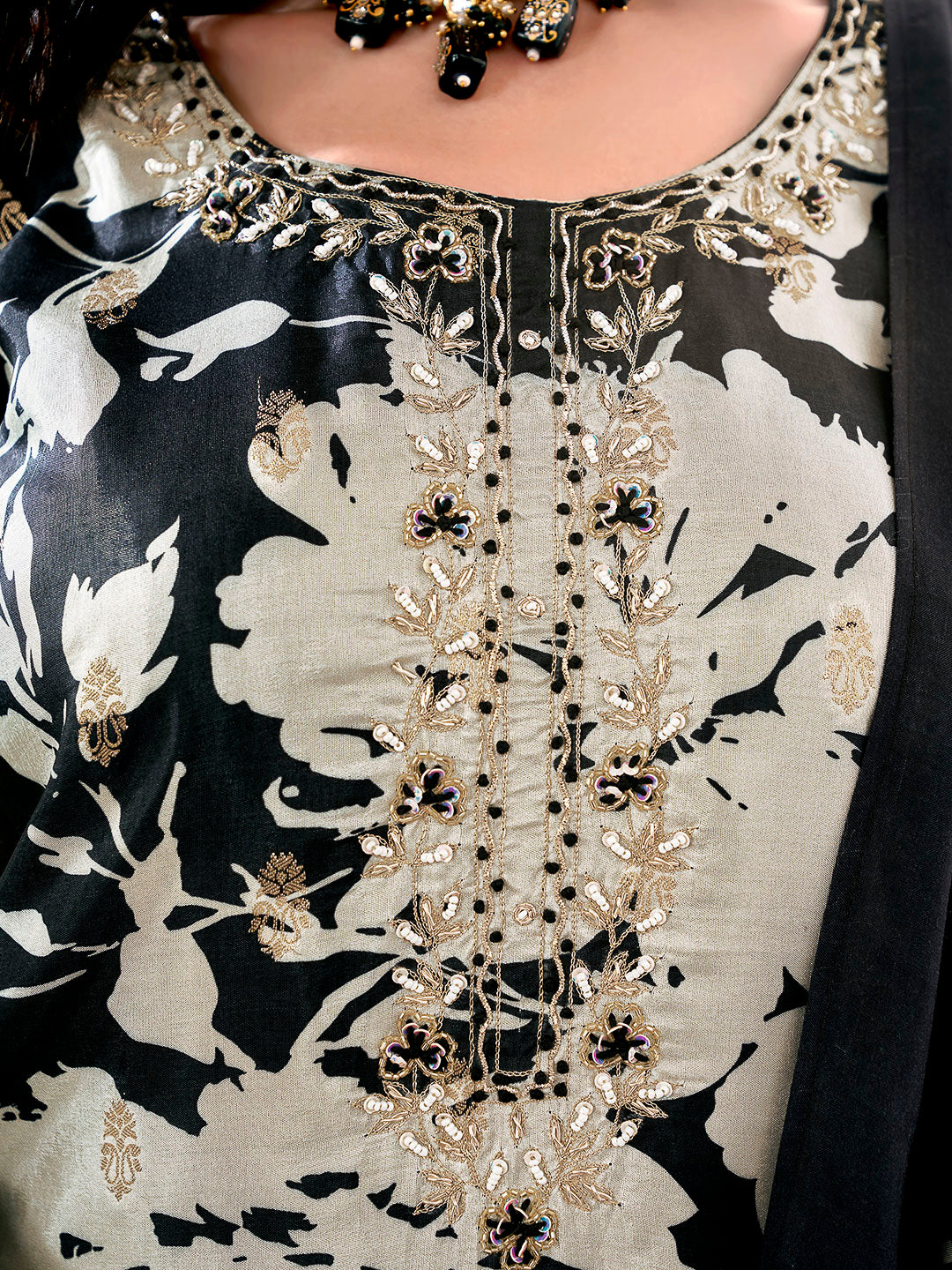 Black Embroidered Art Silk Kurta With Pant &amp; Dupatta