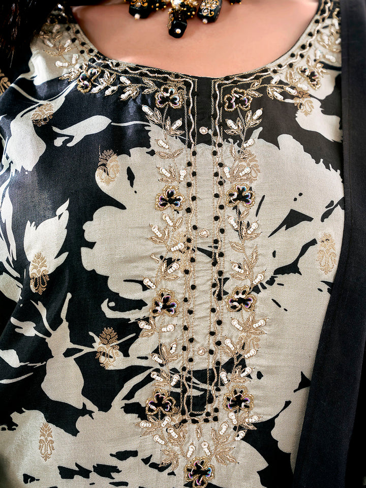 Black Embroidered Art Silk Kurta With Pant &amp; Dupatta