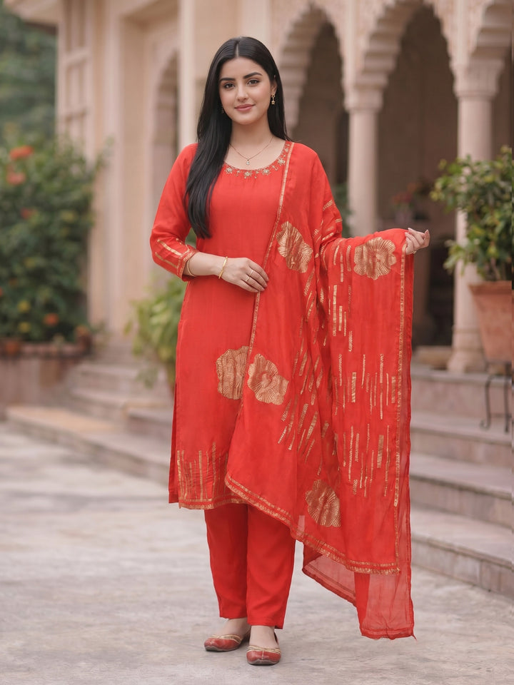 Red Embroidered Cotton Blend Round Neck Suit Set