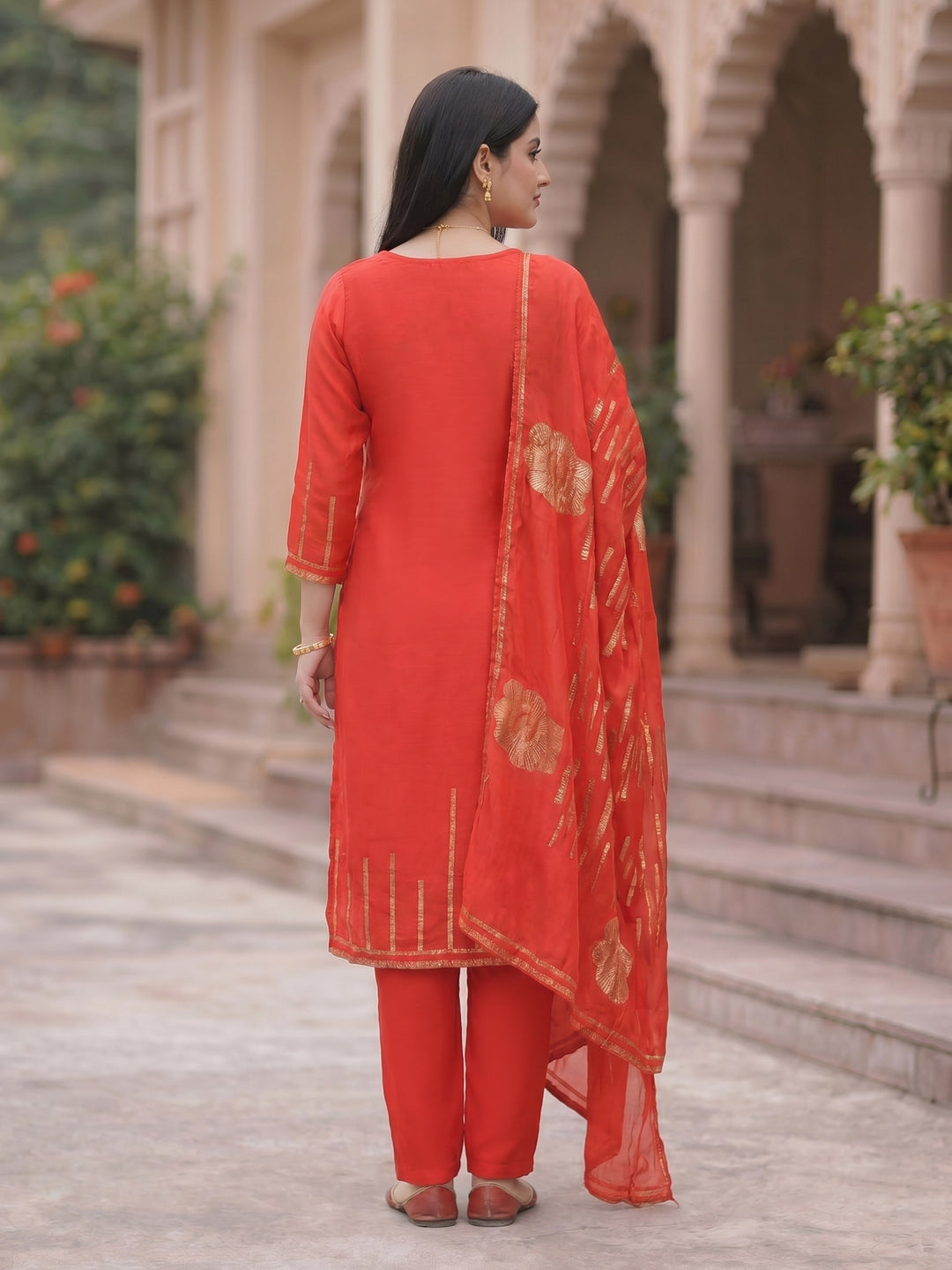 Red Embroidered Cotton Blend Round Neck Suit Set