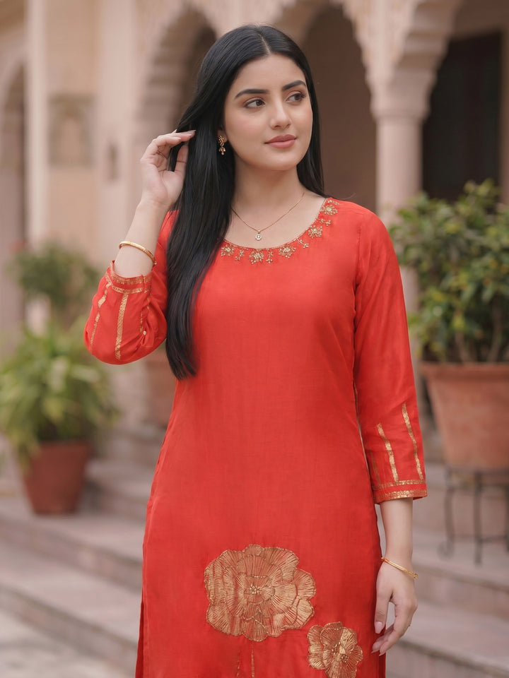 Red Embroidered Cotton Blend Round Neck Suit Set